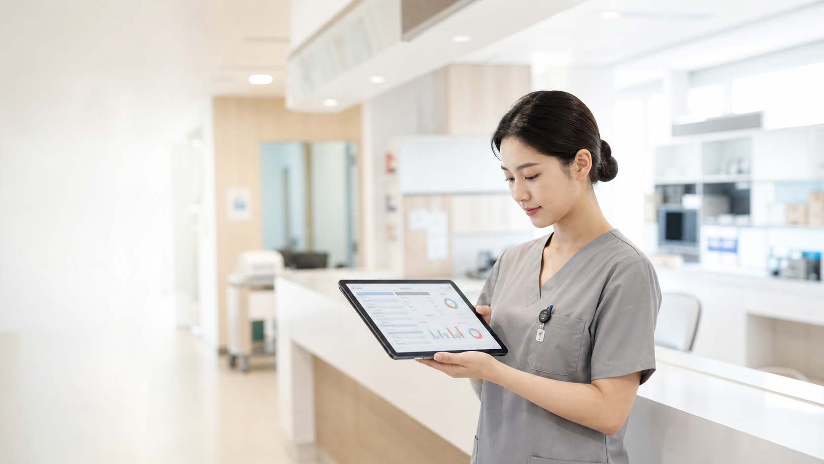 태블릿의 EMR 대시보드를 확인하는 간호사