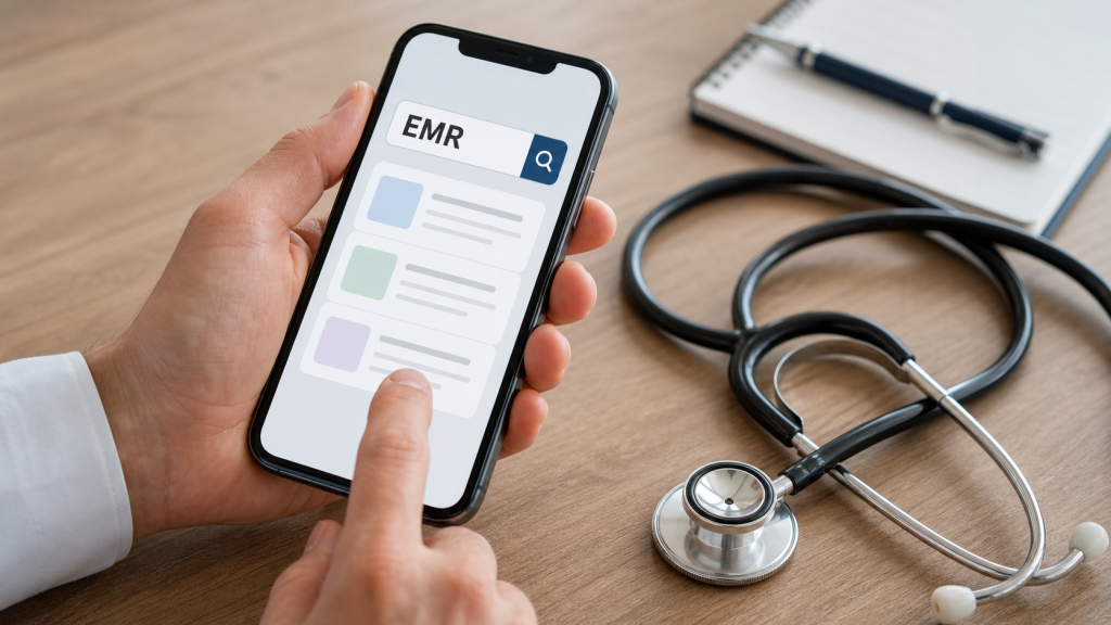 스마트폰으로 emr 뜻을 검색하는 손
