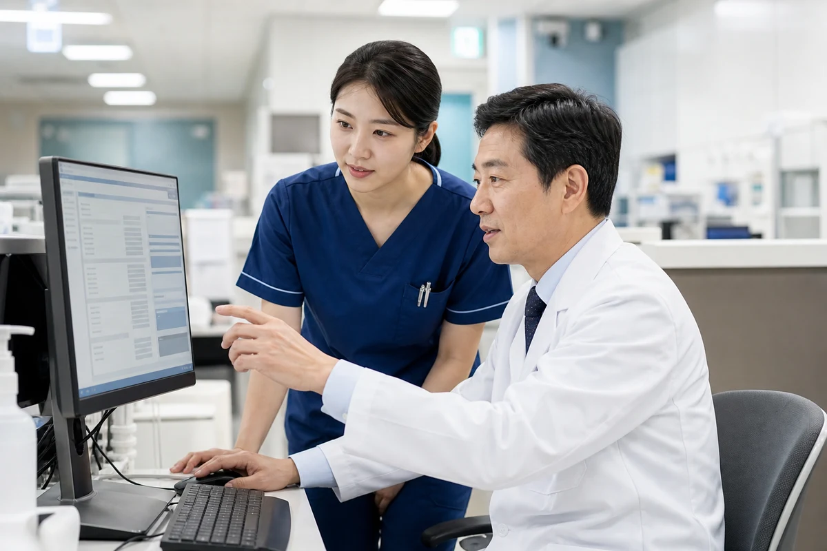 EMR 병원용어 예시 - 병원 간호사 스테이션에서 의료진이 전자의무기록 화면의 용어를 함께 확인하는 모습